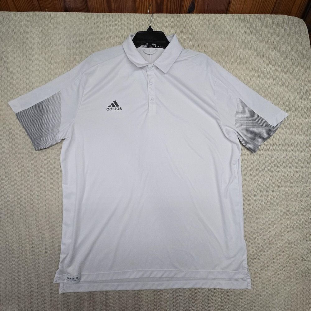Adidas Polo Shirt Mens 2XL White Primeblue Parley Golf Performance Striped